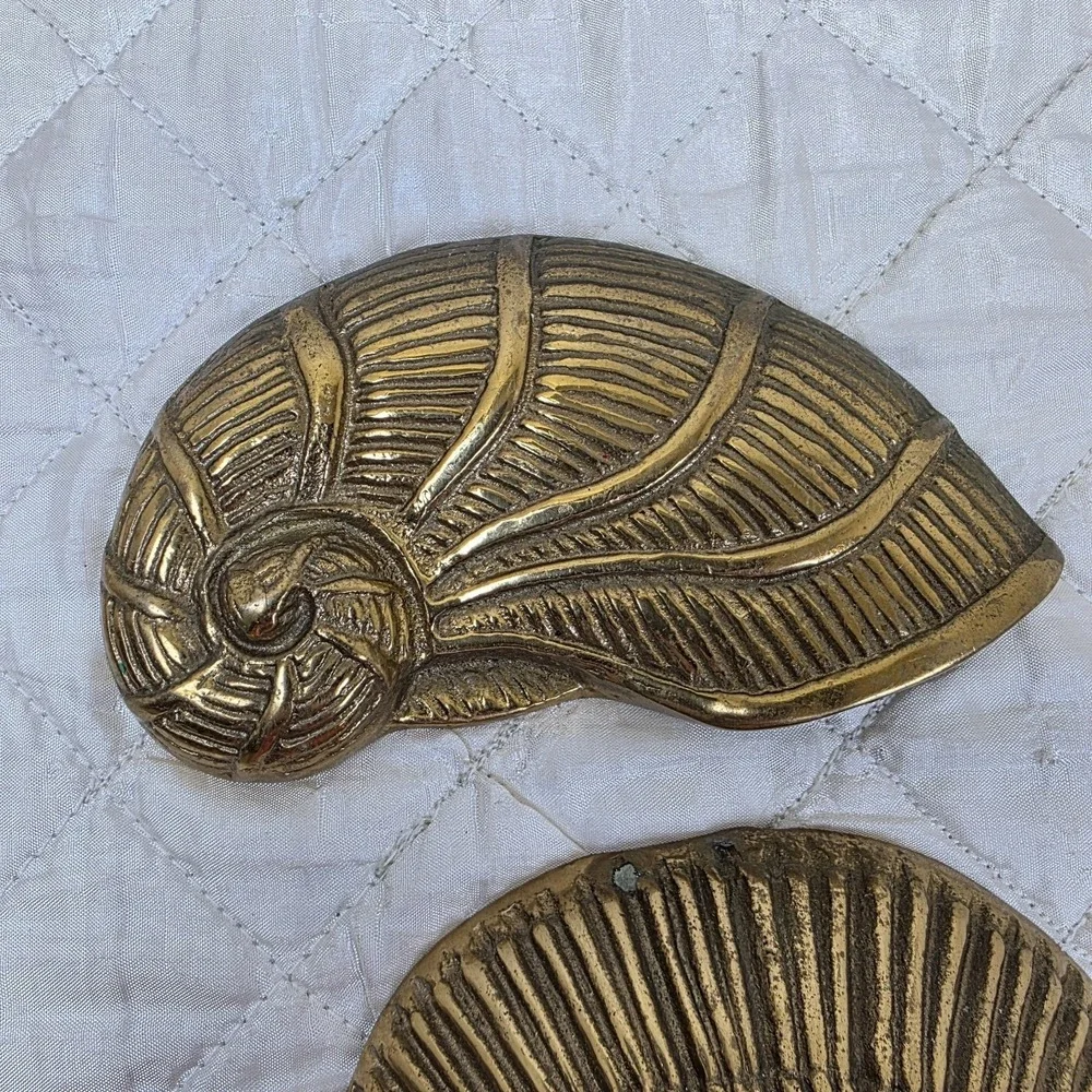 Vintage MCM Solid Brass Sea Shells Starfish Wall Hanging Decor Set of 4 Art Deco